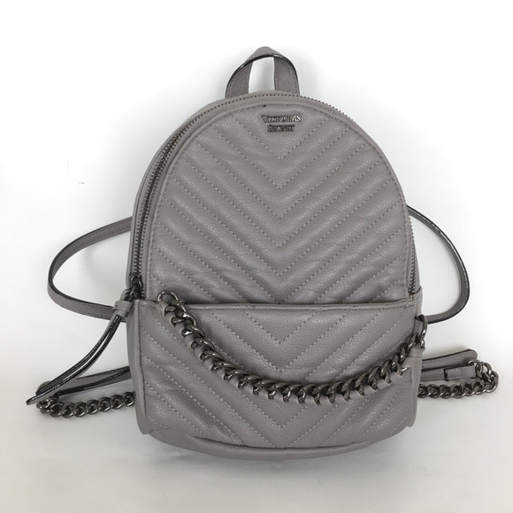 Victoria Secret Mini Backpack Purse Gray Vegan Leather Bag Gunmetal Chain - Picture 1 of 14